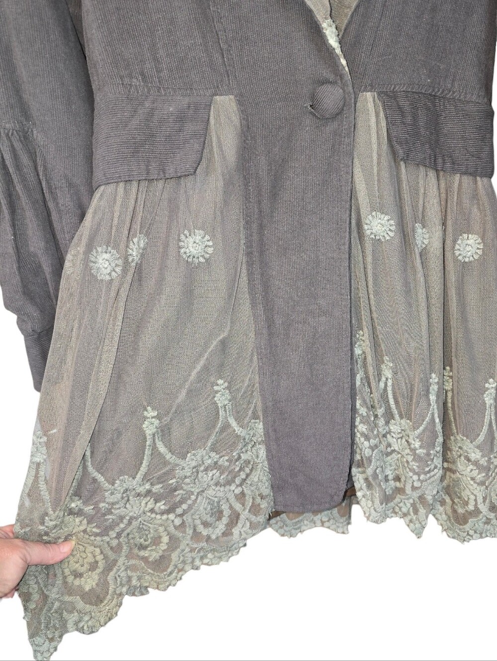 Sacred Threads Grey Corduroy & Embroidered Lace Hooded Jacket Coat - Size Small - Picture 6 of 13